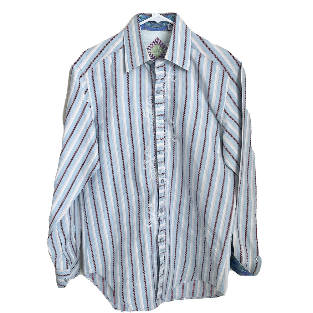 Robert Graham Men’s Small Blue Striped Button Up Long Sleeve Dress Shirt Flip Cu